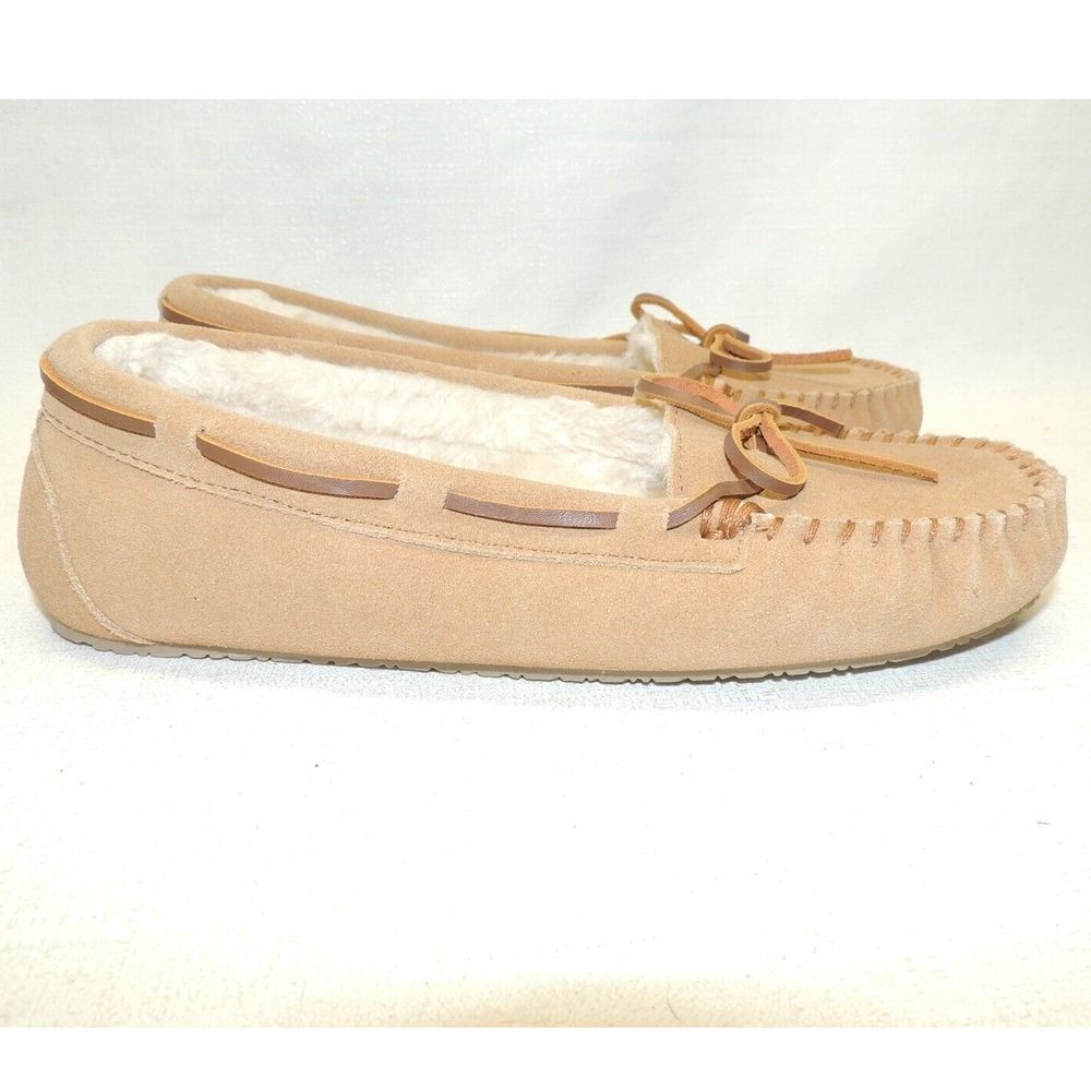 Minnetonka Cally Moccasin Slipper Womens 10 Tan Suede Faux Fur Cabin Boho Cozy - Picture 2 of 5